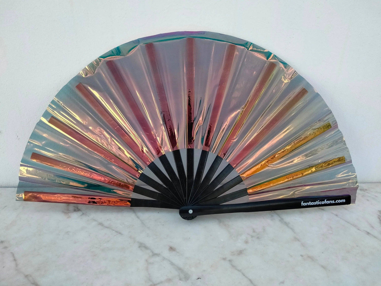 Holographisch schimmernder XL-Fächer - metallischer Pfau