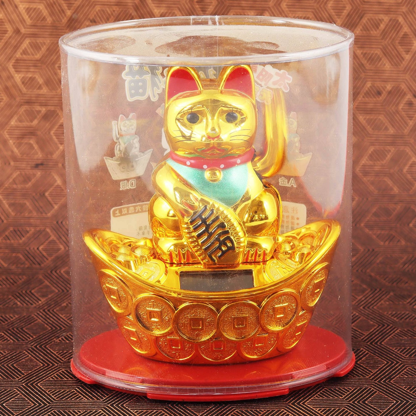 Glückskatze Maneki-neko Winkekatze Solar oval 10cm gold