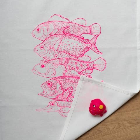Geschirrtuch weiss, 5 FISCHE, neon pink, 100% Baumwolle