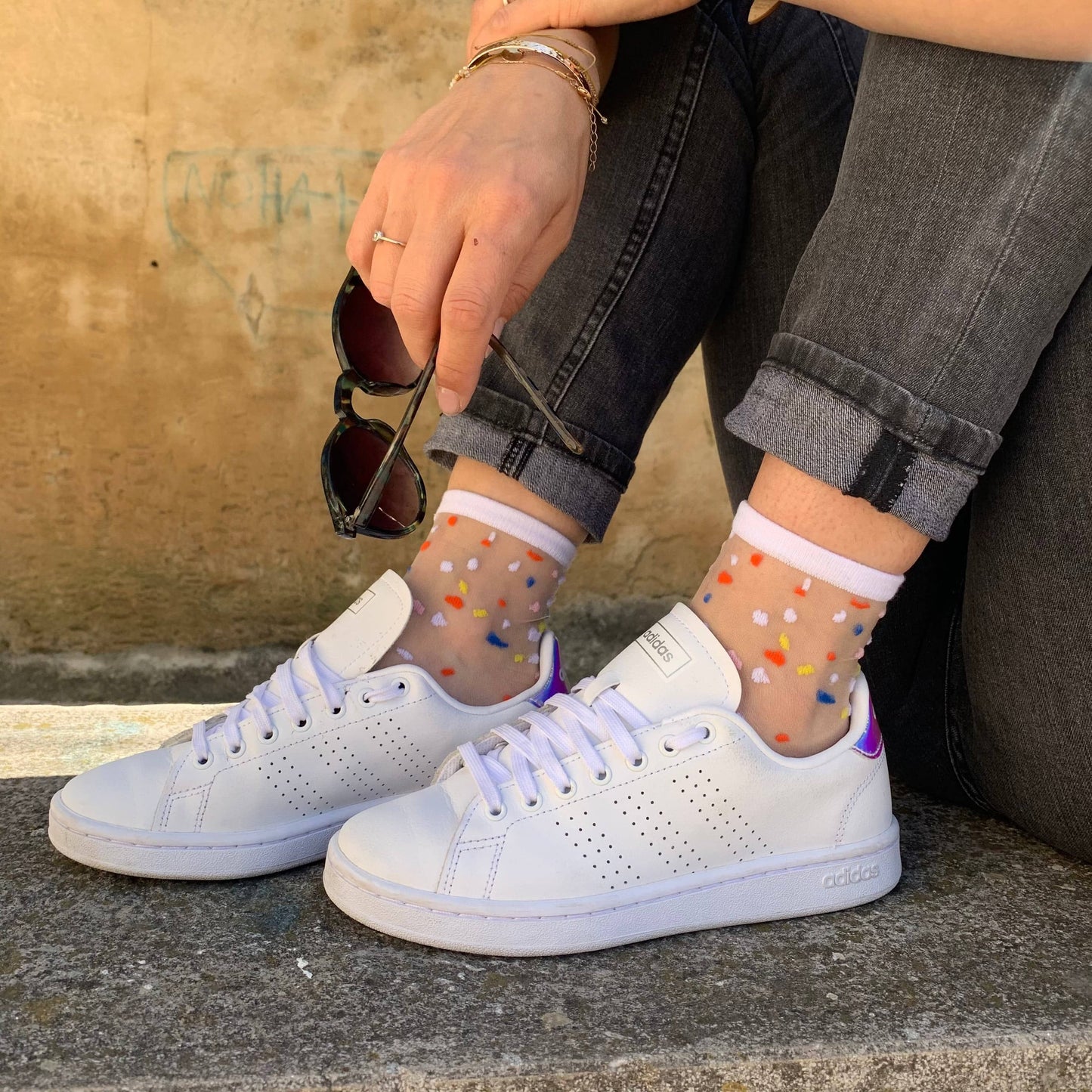 Annabelle - Transparente Fantasy-Socke mit Konfettimotiv für Damen: Weiß