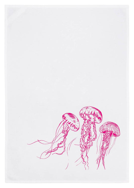 Geschirrtuch weiss, QUALLEN, neon pink 100% Baumwolle