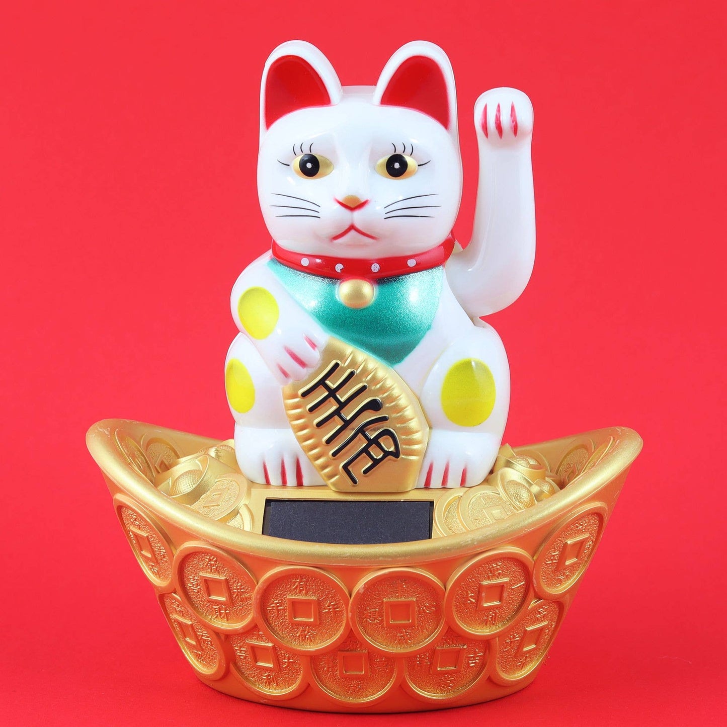 Glückskatze Maneki-neko Winkekatze Solar oval 14cm weiß