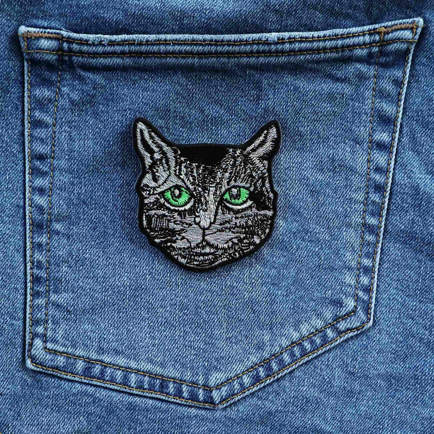 Aufnäher Katzen Kopf Augen grün Patch