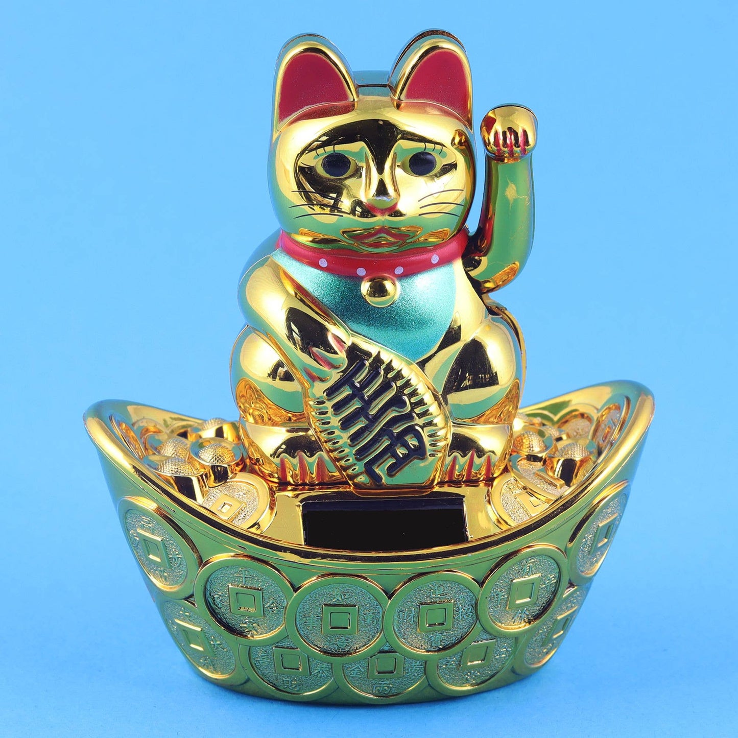 Glückskatze Maneki-neko Winkekatze Solar oval 10cm gold