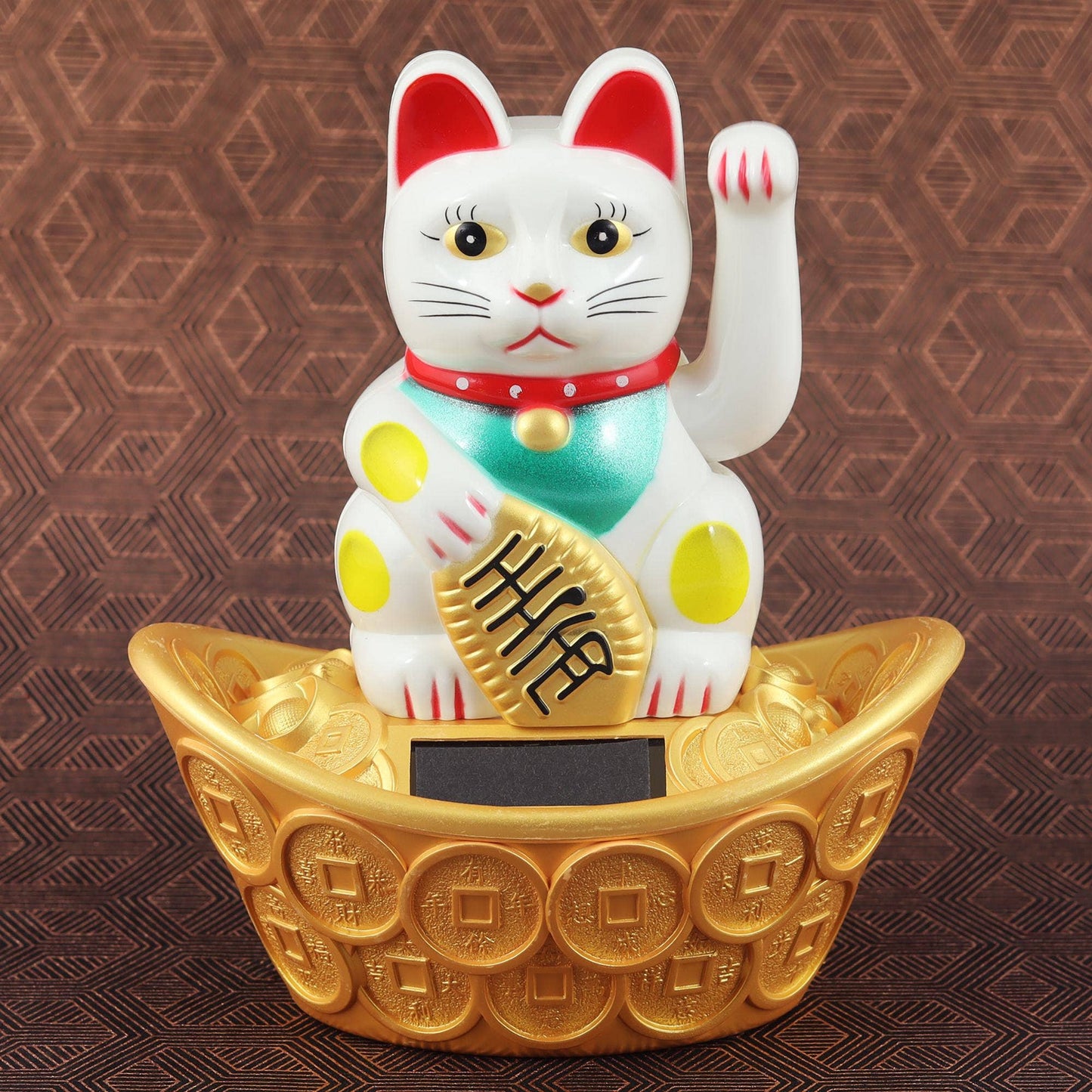 Glückskatze Maneki-neko Winkekatze Solar oval 14cm weiß