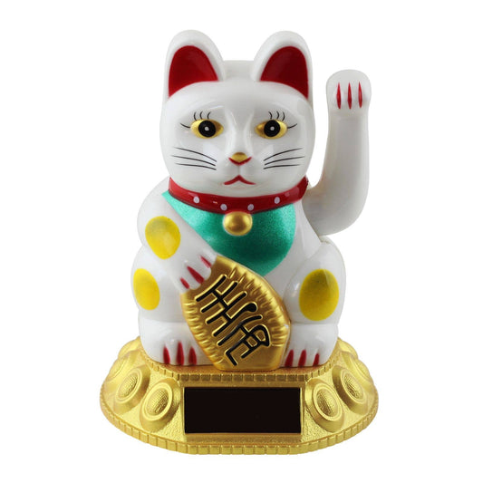 Glückskatze Maneki-neko Winkekatze Solar rund 10,5cm weiß