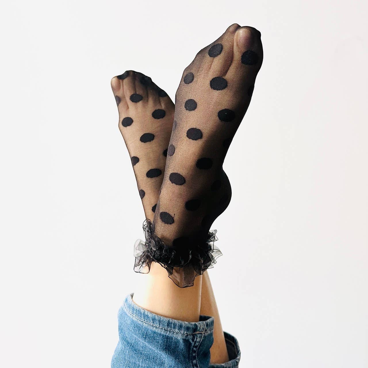 Serena schwarze gepunktete Socken - sexy Rüschen - Fantasie