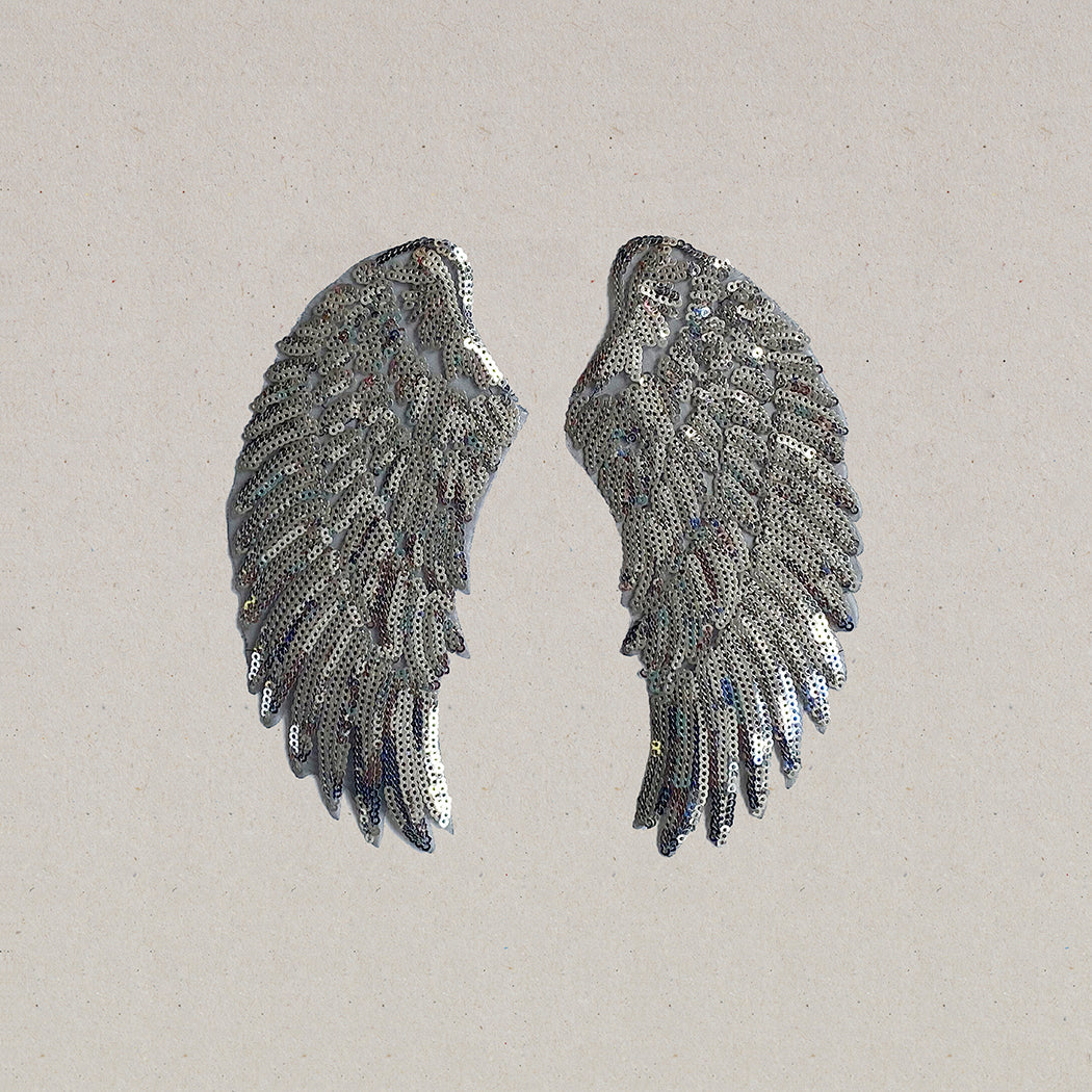 Bügelpatch - Pailletten Flügel Silber klein