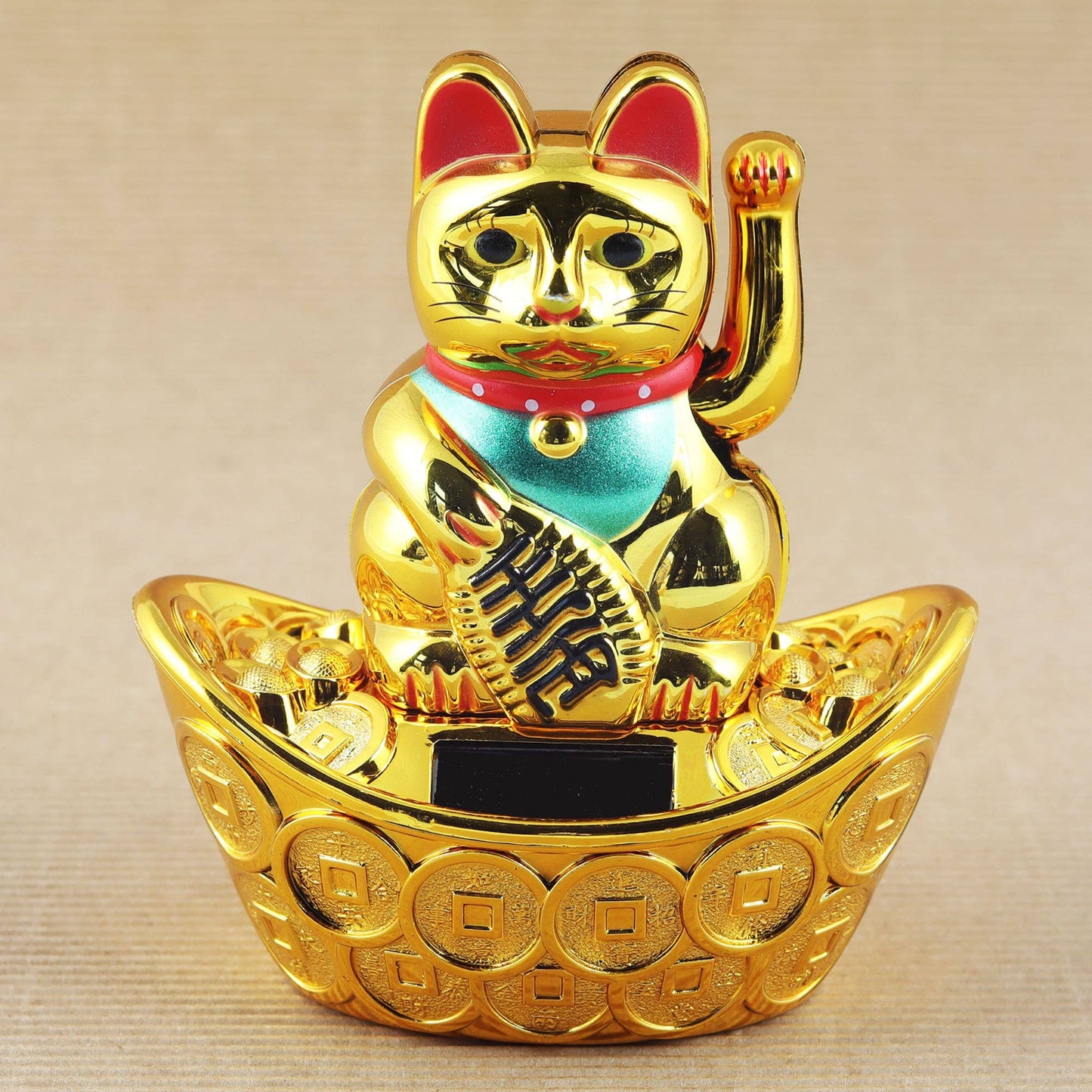 Glückskatze Maneki-neko Winkekatze Solar oval 10cm gold
