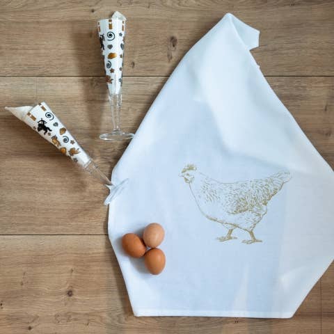 Geschirrtuch weiss, HUHN, gold, 100% Baumwolle