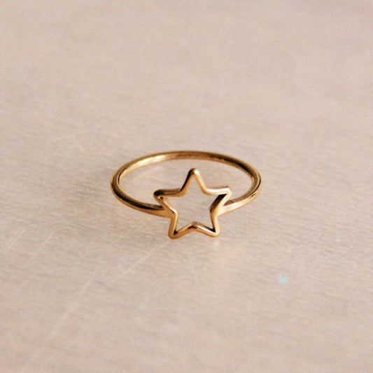 Stainless steel ring with open star - gold